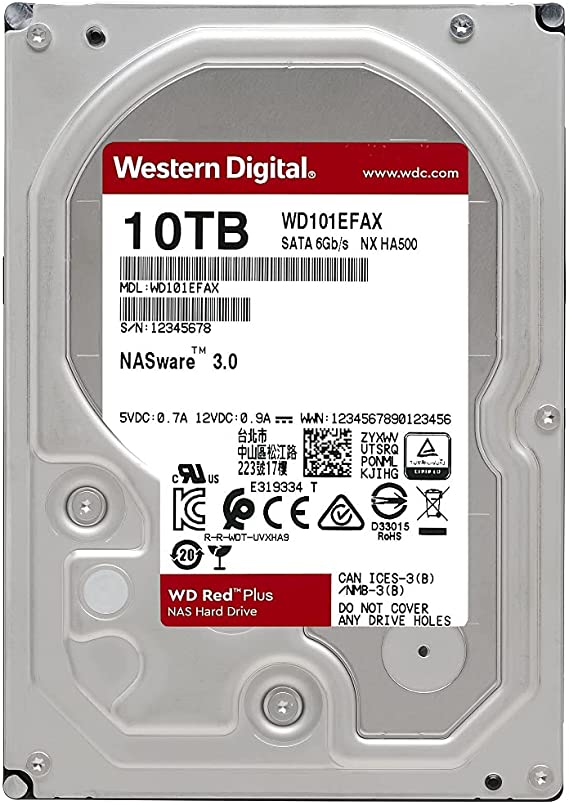 WD 10TB WD Red Plus NAS Internal Hard Drive - 5400 RPM Class, SATA 6 Gb/s, CMR, 256 MB Cache, 3.5"